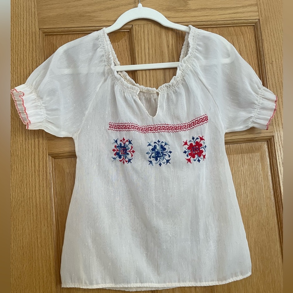 Vintage Sheer Embroidered Peasant Blouse. Greek Folk Art.